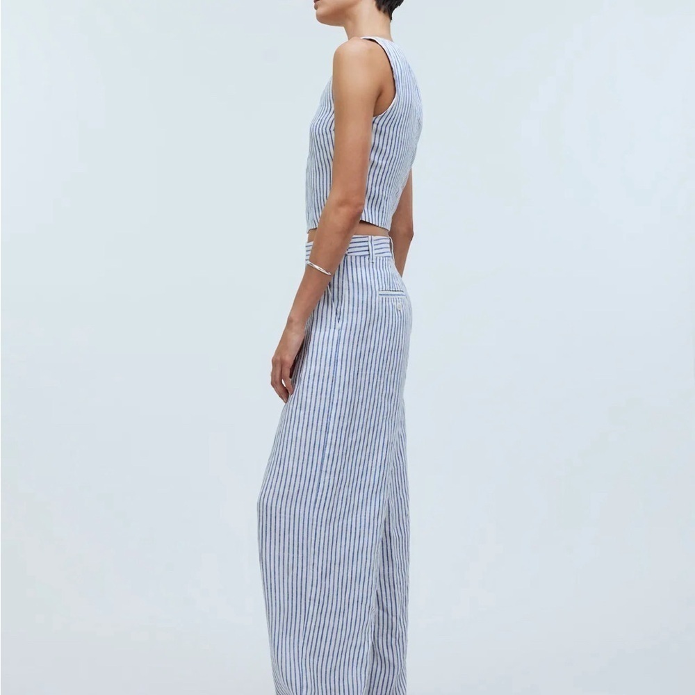 Madewell The Harlow Wide-Leg Pant in 100% Linen White/Blue Stripes Size 8 NWT - Picture 4 of 11